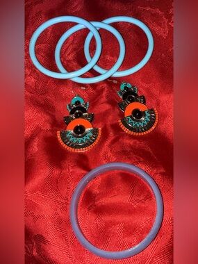 Vibrant Orange & Turquoise Statement Earrings with Blue Bangle Set